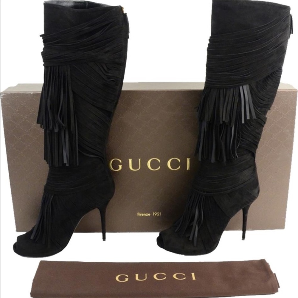 Authentic Gucci Runway Fringe Boots in Black Suede